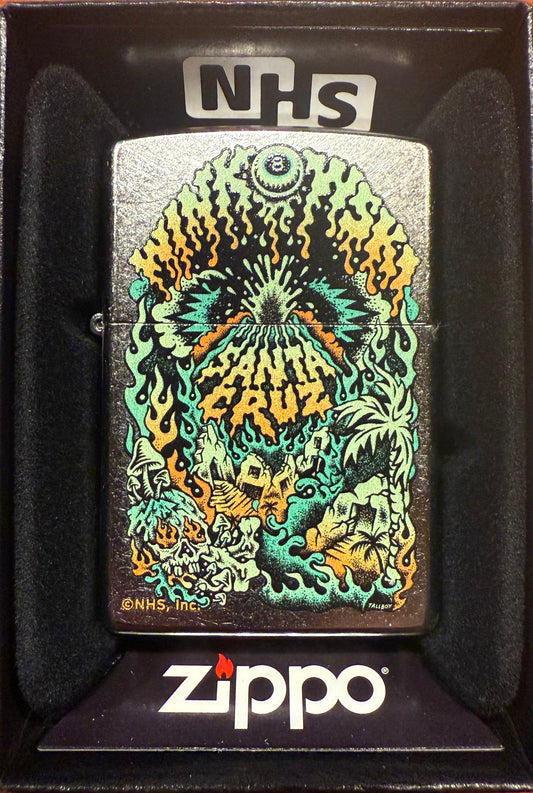 A Zippo lighter featuring a color(imaged) Santa Cruz Winkowski graphic on a chrome background, displayed in a black gift box with the 'NHS' logo at the top.
